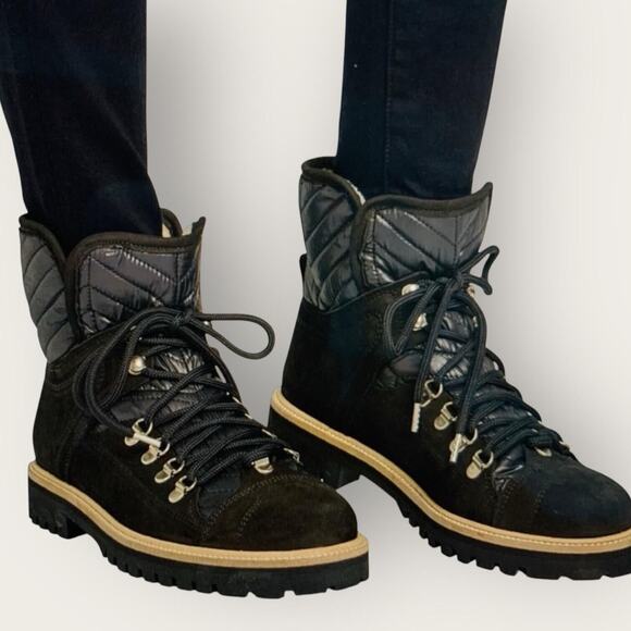 Ganni Edna Women Winter Hiking Black Leather Quilted Lace Up Ankle